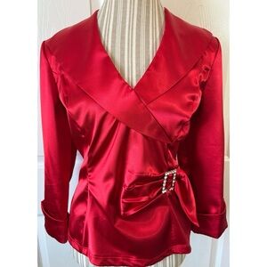 Blu Sage Red Satin Wrap Blouse with Rhinestone Bow